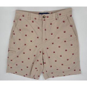 Tackle & Tides Men's Shorts Chino Crab Print Tan  Red Flat Front Cotton W30 L8.5